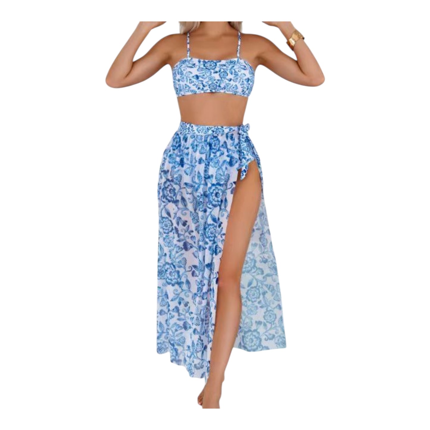 Women's 3 Piece Floral Print Bikini Triangle Swimsuit Bathing Suit with Beach Cover Up Skirt