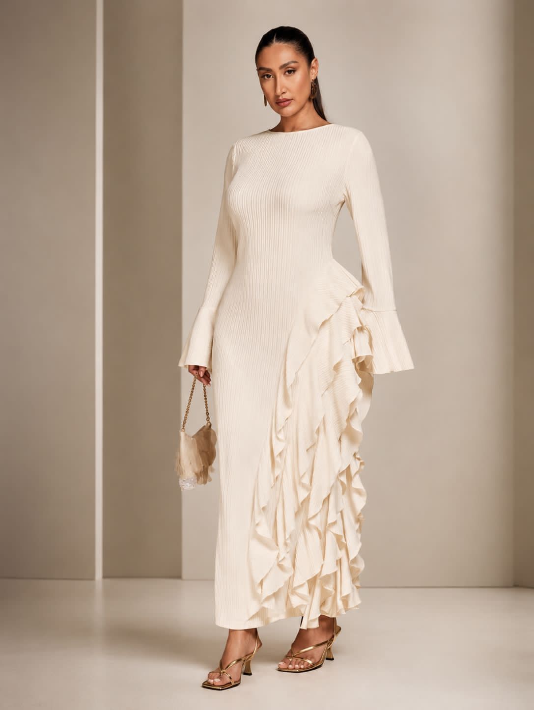 Ladies Elegant Long-Sleeved Ribbed Maxi Dress-Various Colours