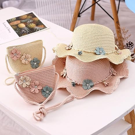 Straw Hat Bag Set Children's Sun Hat Cute Summer Beach Hat + Straw Bag for Girls Travel Hat with Flower Decoration for Holiday Travel Outdoor