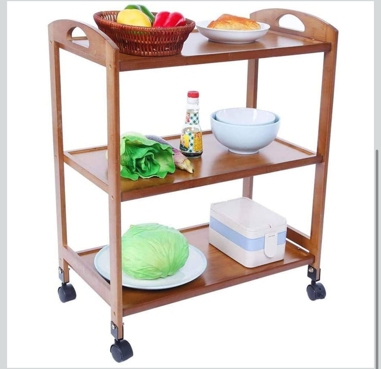 MFurn Bamboo Kitchen Trolley,3 Tier Kitchen Storage Rack Serving Trolley Island Cart with Rotating Wheels.
