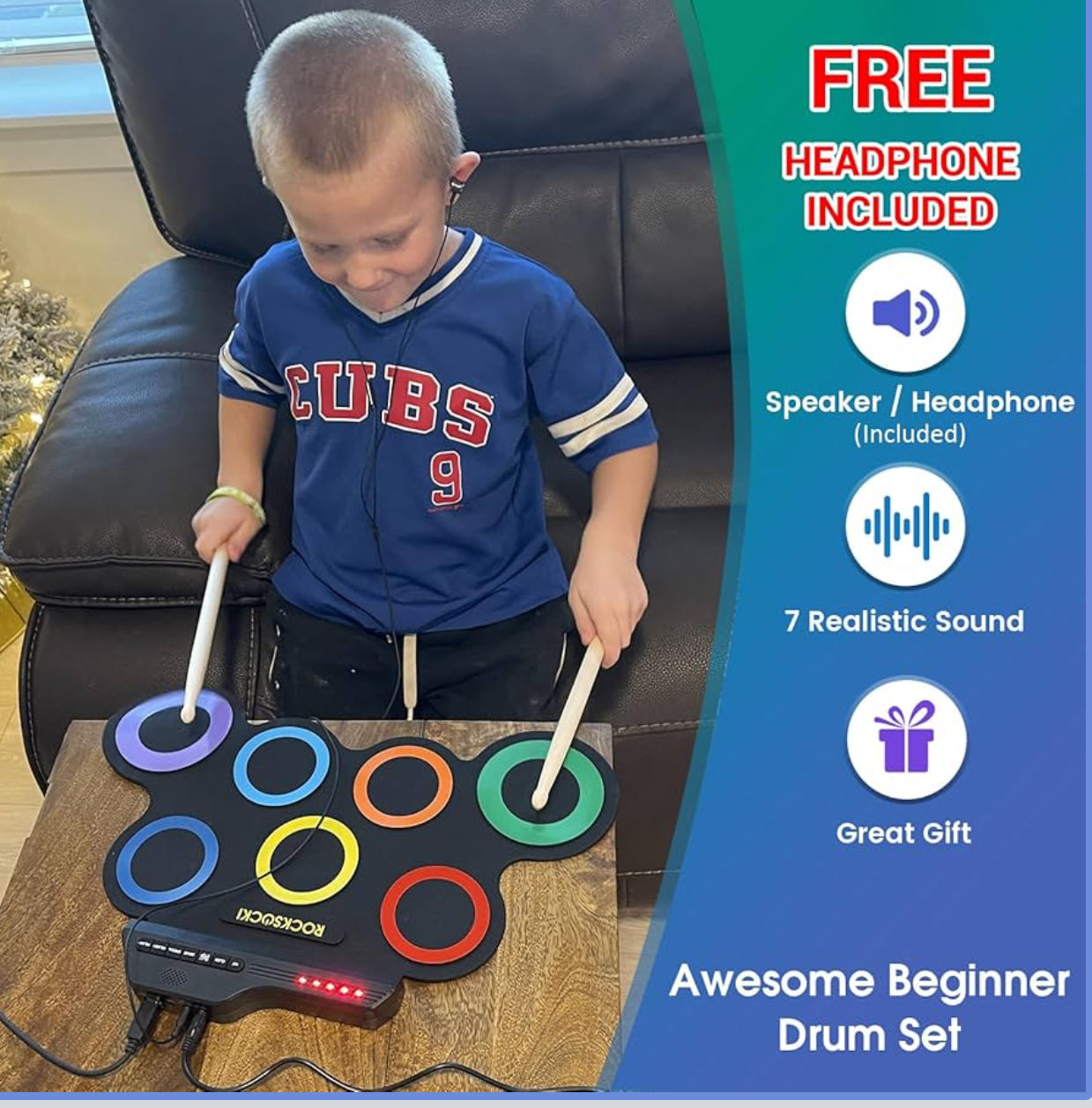 MTech 7-Pad Kids Electronic Drum Set with Headphones – Roll-Up