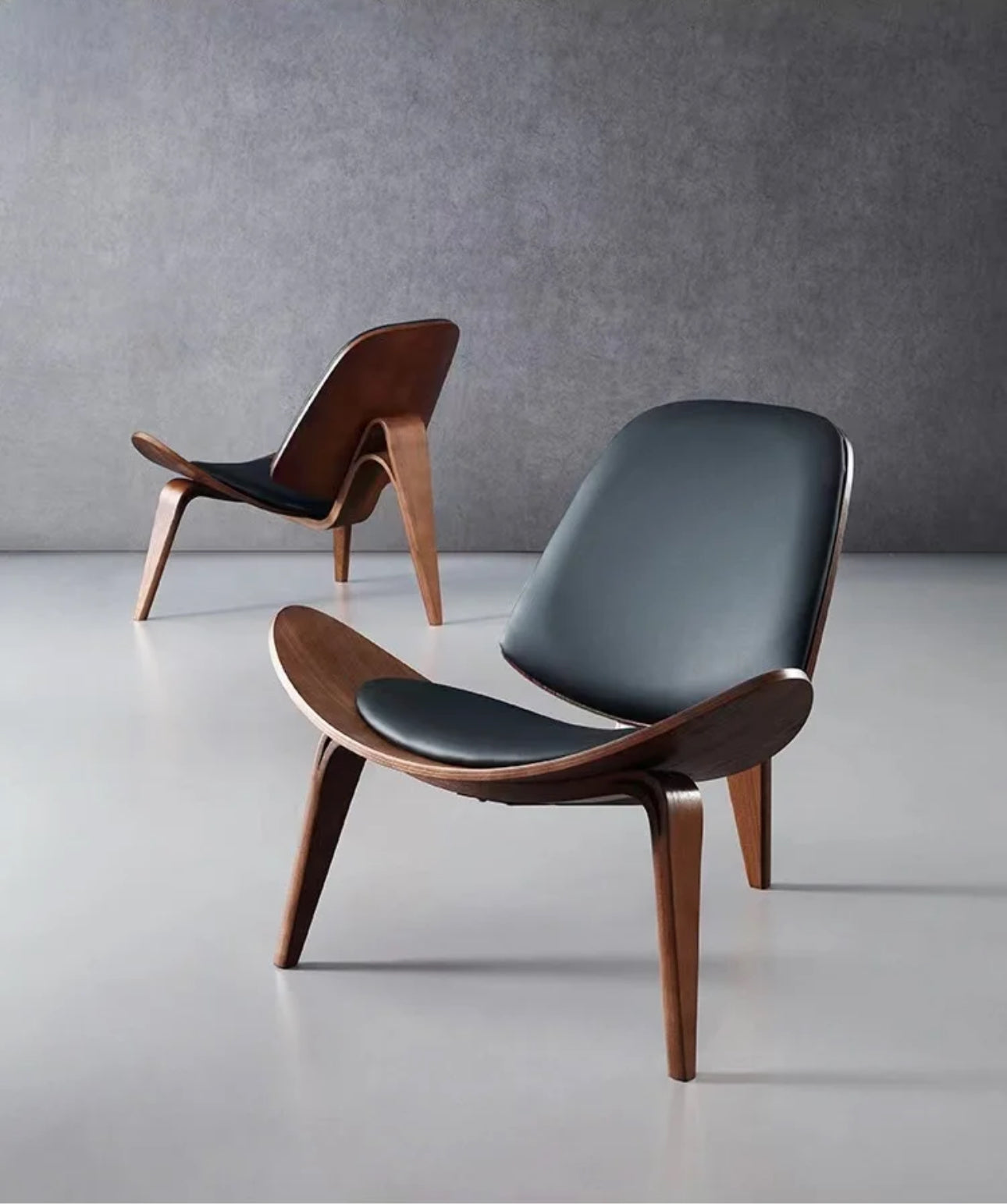Three-Legged Shell Chair Mid Century Modern Lounge Chair with Black Leather Molded Plywood Accent Chair Reading Side Chair for Bedroom, Study, Office, Living Room-PreOrder Sales Available