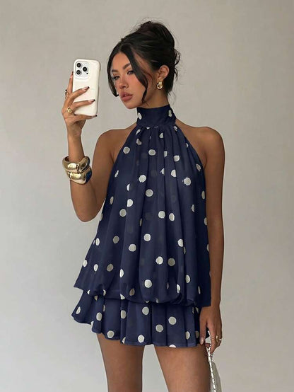 Ladies Summer Halter Neck Polka Backless Mini Dress-Various Colours