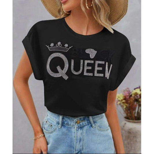 Women Black Queen Short Sleeve Cotton T-shirt