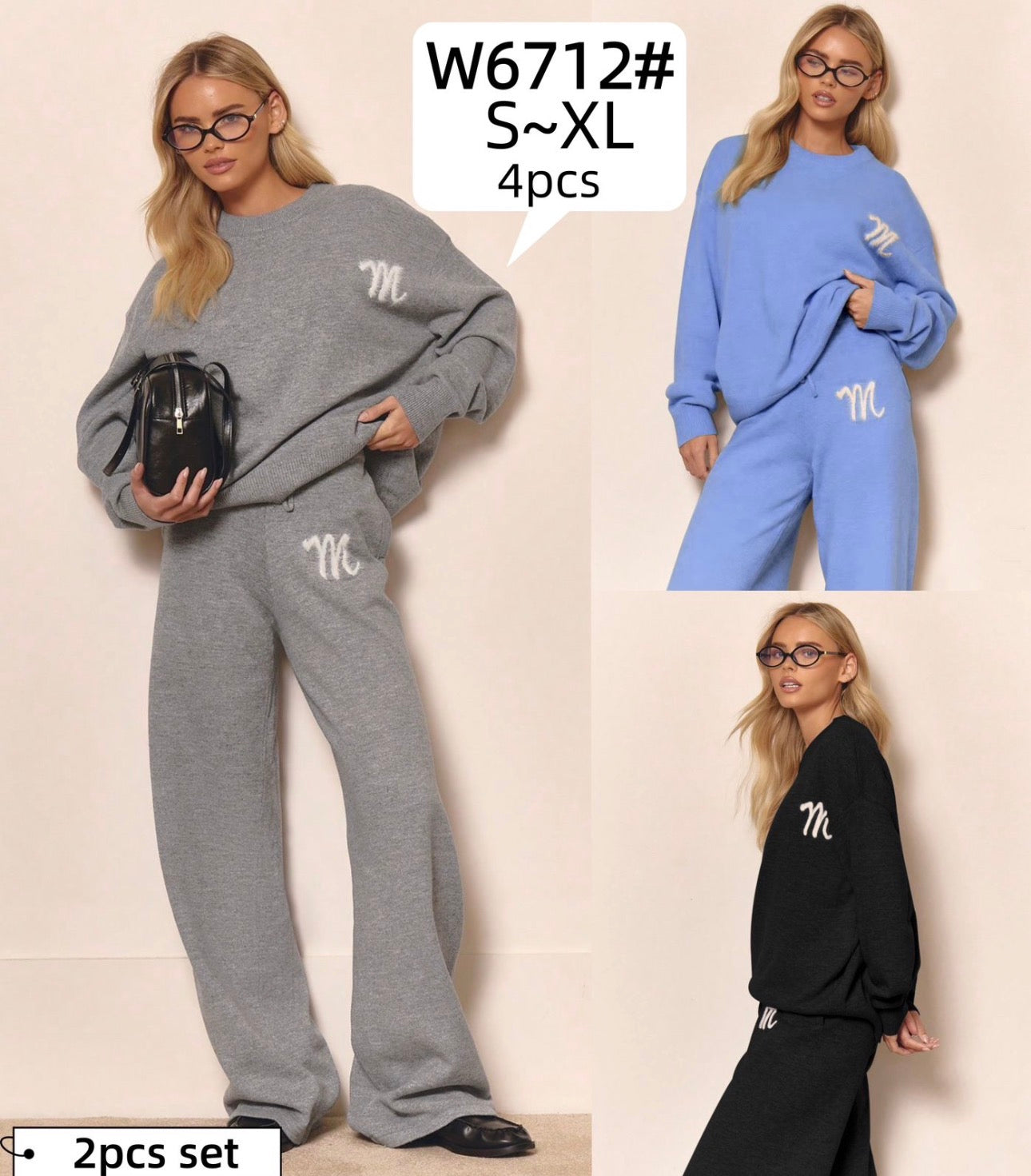 Ladies Knitted Lounge Set With Contrast Emblem-Various Colours