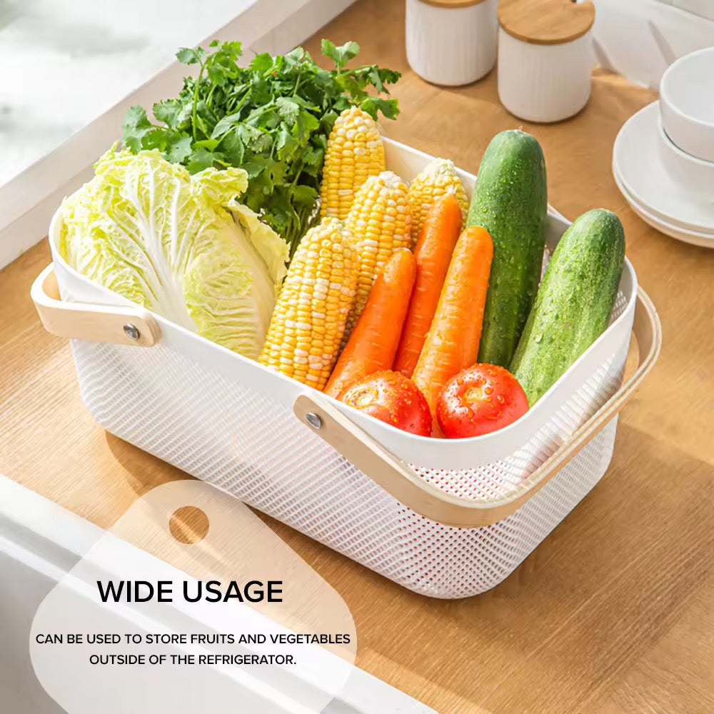 MHome Multifunction Mesh Basket with Wooden Handle Cosmetic Organizer Kitchen Fruit Vegetable Storage Basket-Various Colour 2pc Set