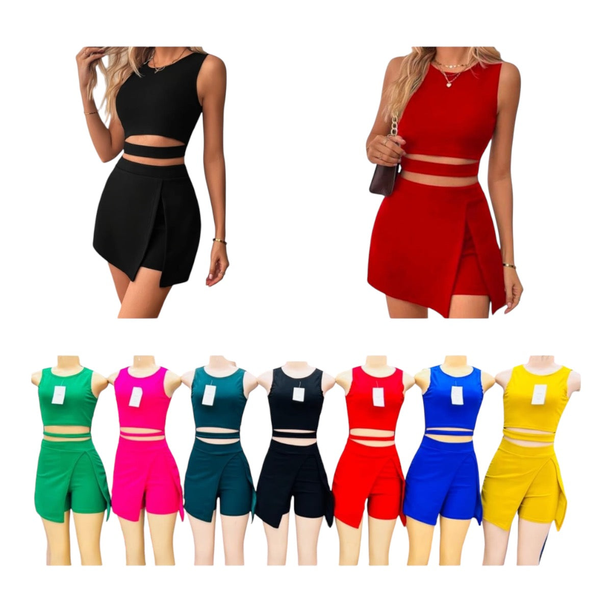 Ladies Sexy 2pc Women Clothing Set Women PETITE Cut Out Tank Top Split Hem Shorts - Various Colours