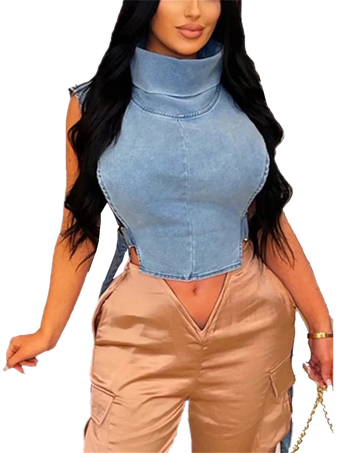 Women's Sleeveless Denim Crop Top Vest Sexy Summer Jean Vest Shirt Tank Tops Waistcoat Jacket