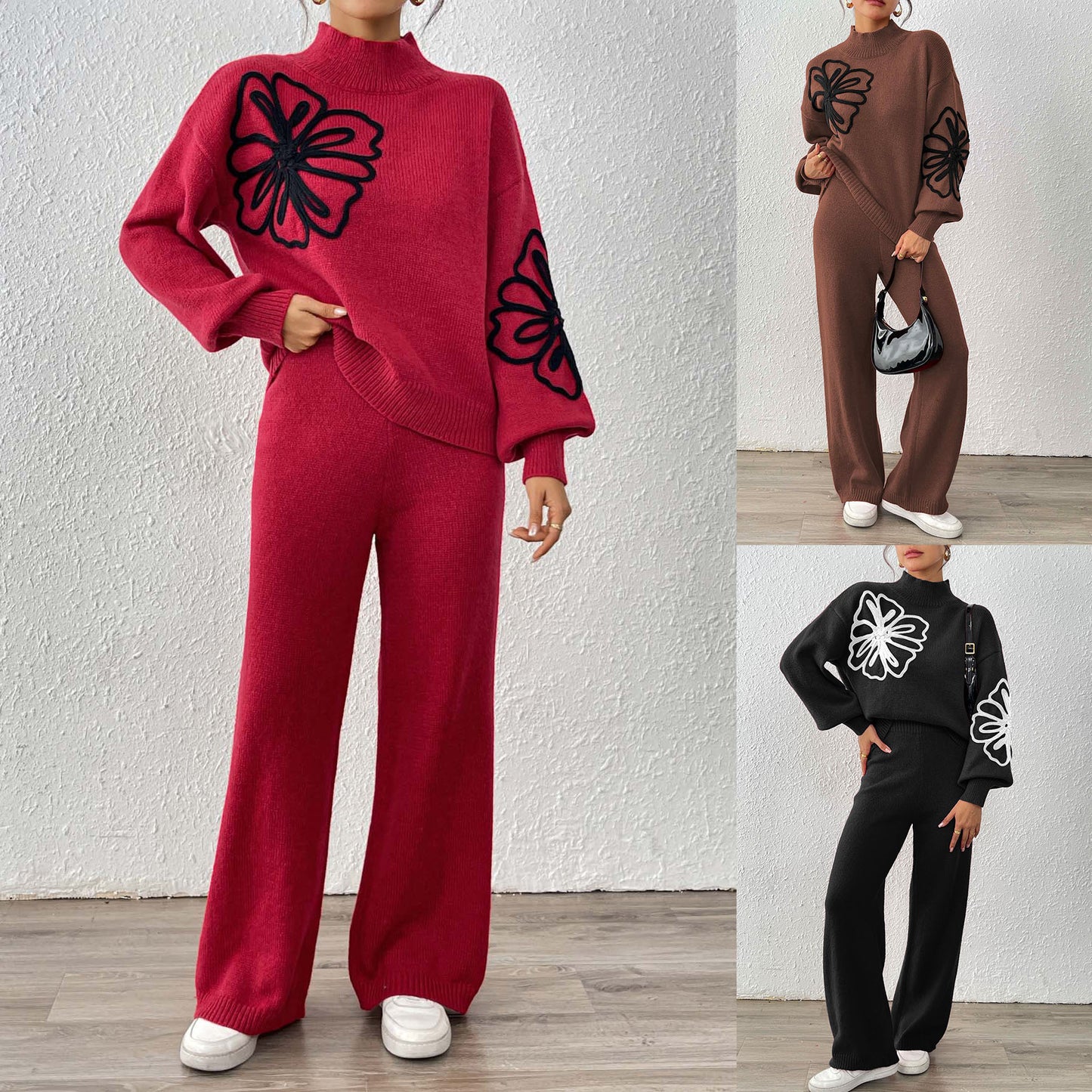 Ladies Floral Embroidery Knitted Loungewear 2pc - Various Colours