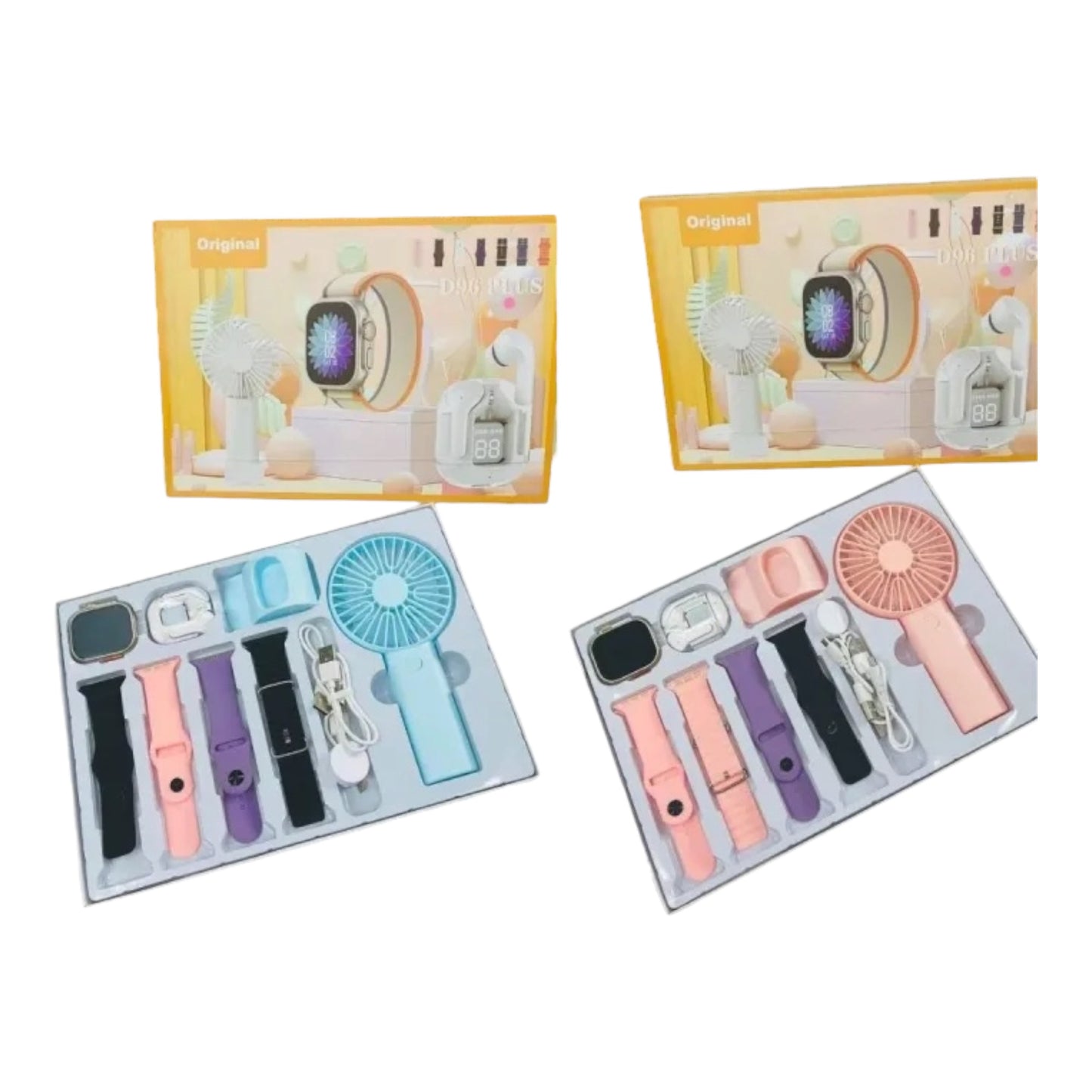 Smartwatch, Handy Fan and Earbuds Combo Set. Bluetooth Calling Smart Watch with 4 Straps, Best Quality Hand Fan and Earbuds Gift Set D96 Plus-Various Colours