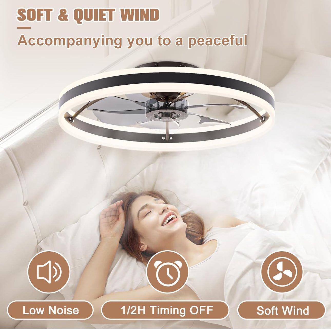 GENERIC Modern Ceiling Fans with Lights and Remote, Ceiling Fan Flush Mount, 3000K-6500K Smart Bladeless LED Fan Light, Black Modern Ceiling Fans with Lights for Bedroom