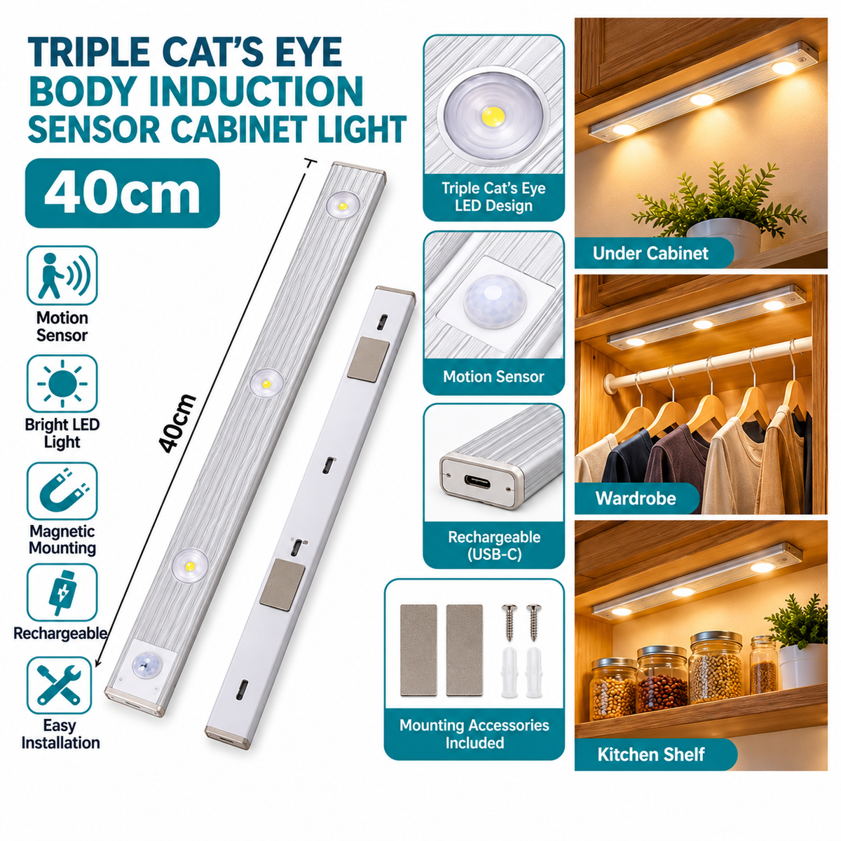 MHome 40cm Rechargeable LED Cabinet Light with Motion Sensor and Triple Cat’s Eye LEDs