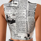 Ladies Newspaper Print Mock Neck Crop Tank Top Various Options