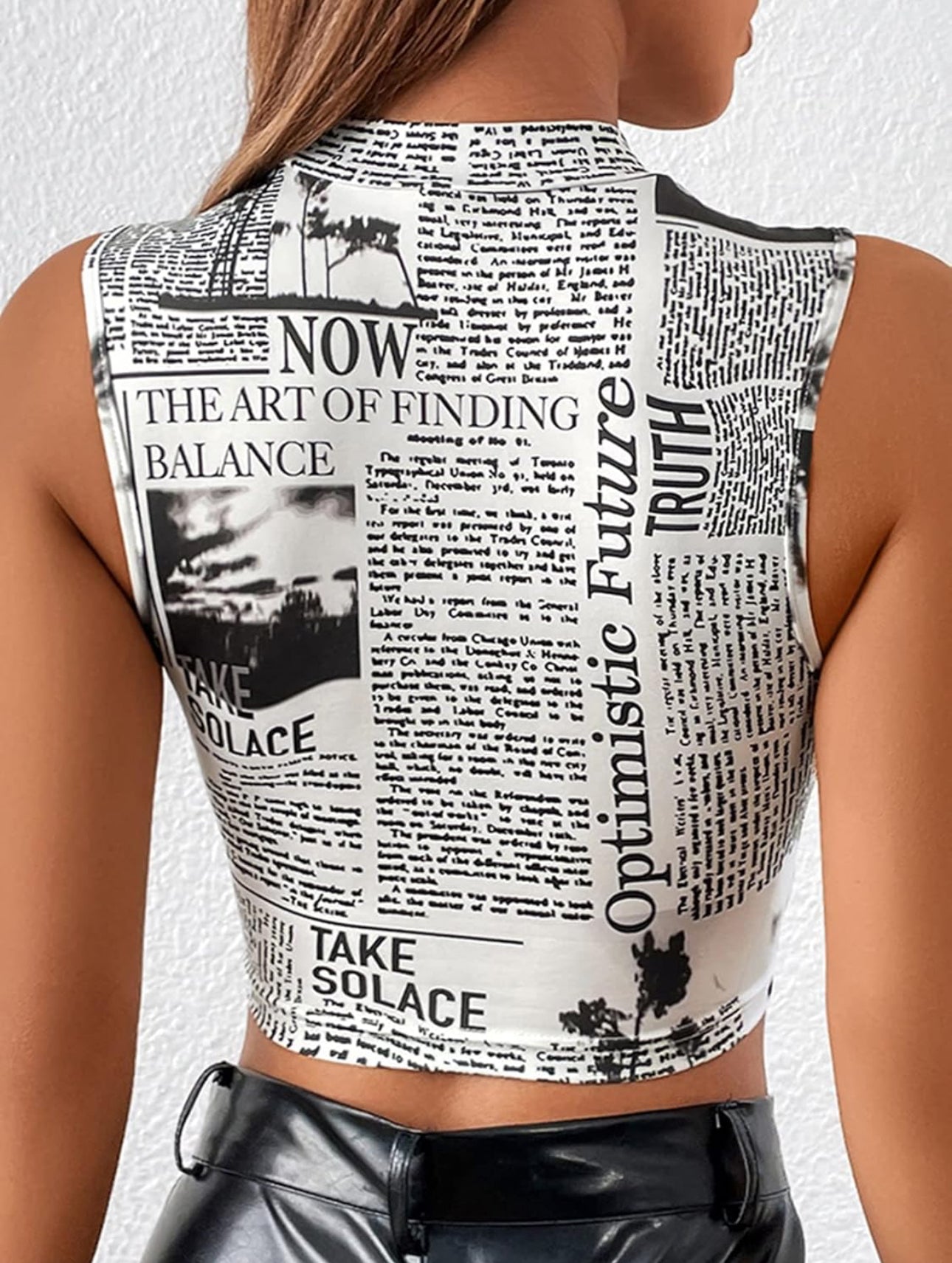 Ladies Newspaper Print Mock Neck Crop Tank Top Various Options