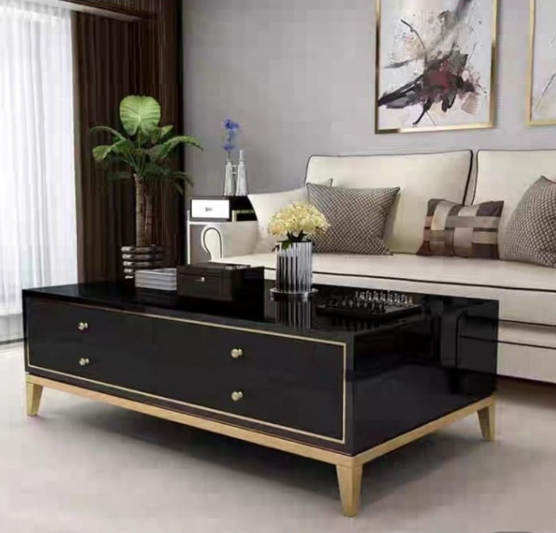 Luxury High Gloss Coffee Table With Gold Legs Available In Black or White
