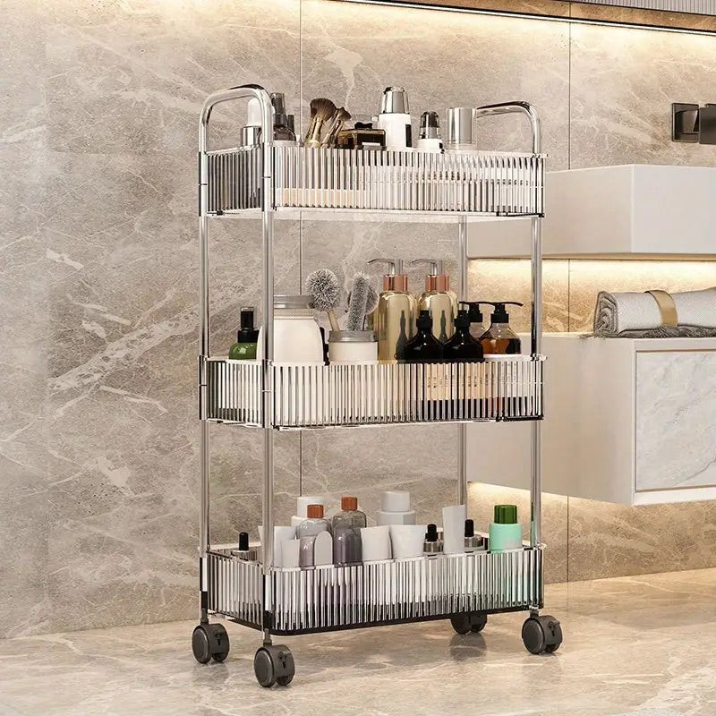 Transparent Rolling Utility Cart With Handle, Multifunctional Plastic Trolley, Bathroom Multi-layer Storage Rack, Bathroom Shelves With Wheels, Cosmetic Cart.