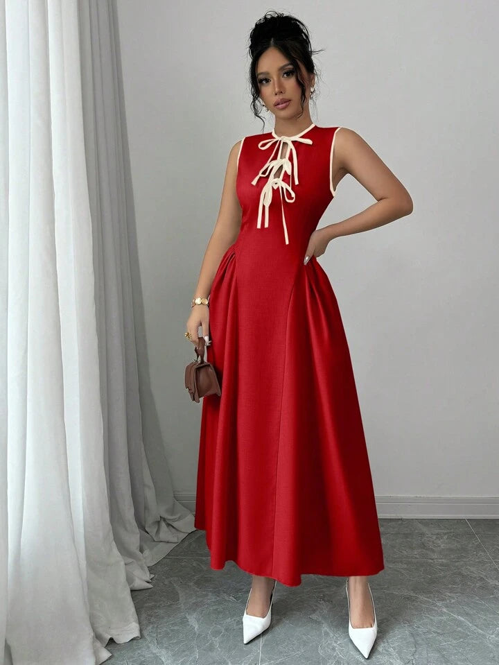 Women Hollow Out Collar Color Block Tie Waist Side Ruched Hem Sleeveless Texture Pleated Dress, Zipper Back, Fashion, Young, Elegant, Versatile, Waist Slimming