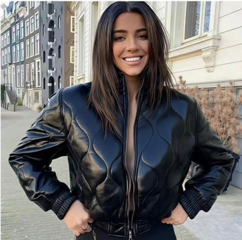 Ladies Cropped Faux Leather Bomber Jacket-Various Colours