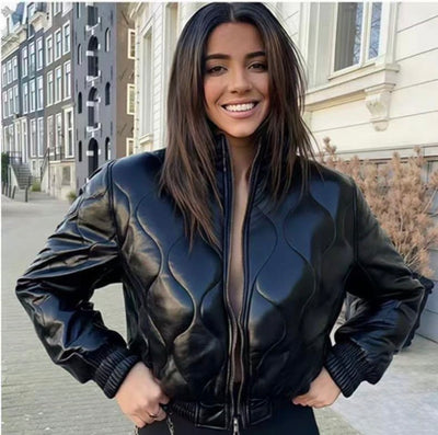 Ladies Cropped Faux Leather Bomber Jacket-Various Colours