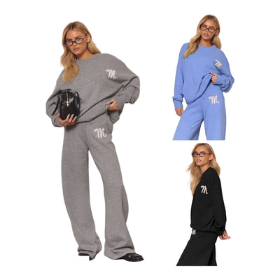 Ladies Knitted Lounge Set With Contrast Emblem-Various Colours