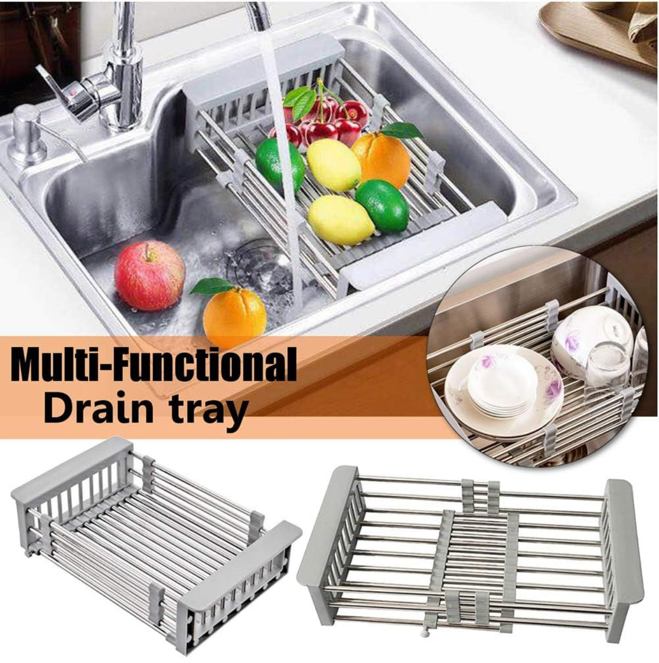 Expandable Dish Drying Rack, Utensil Holder over Sink Stainless Steel Dish Drainer Holder Functional Kitchen Sink Organizer for Vegetable and Fruit