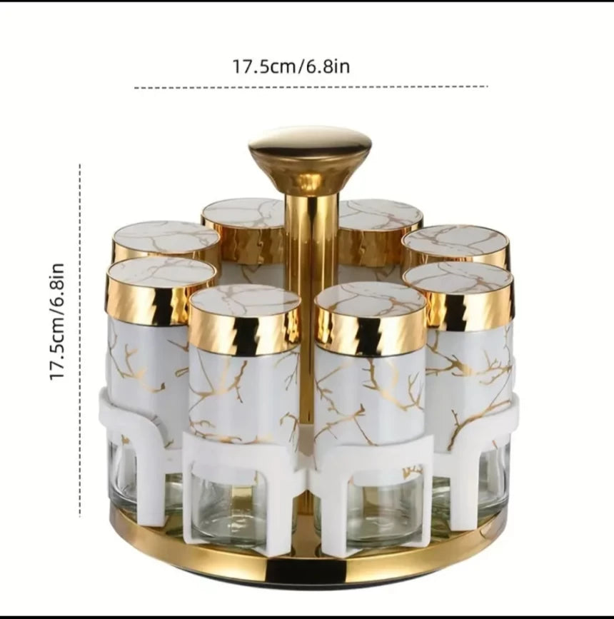 MHome 
Rotating Spice Rack Set with 8 Glass Jars – Golden Lid Seasoning Container Organizer with Carousel Stand For Kitchen Storage & Organization|Spice Jars & Racks