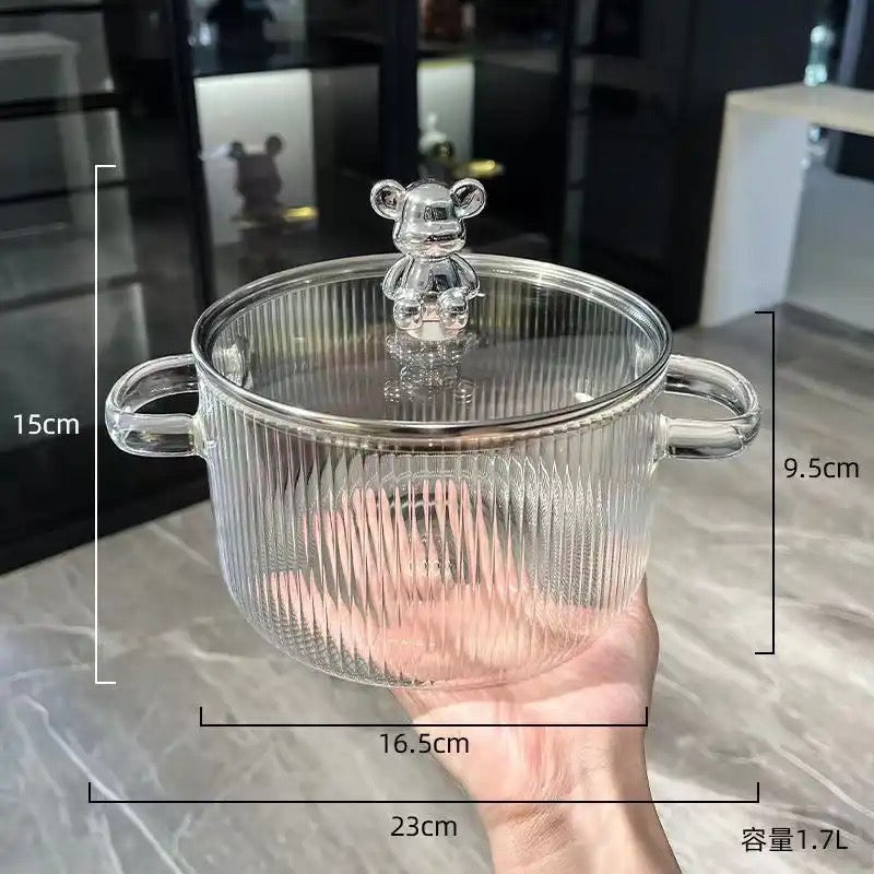 MHome Bear Lid Borosilicate Transparent Nonstick Glass Cooking Pot | Cookware