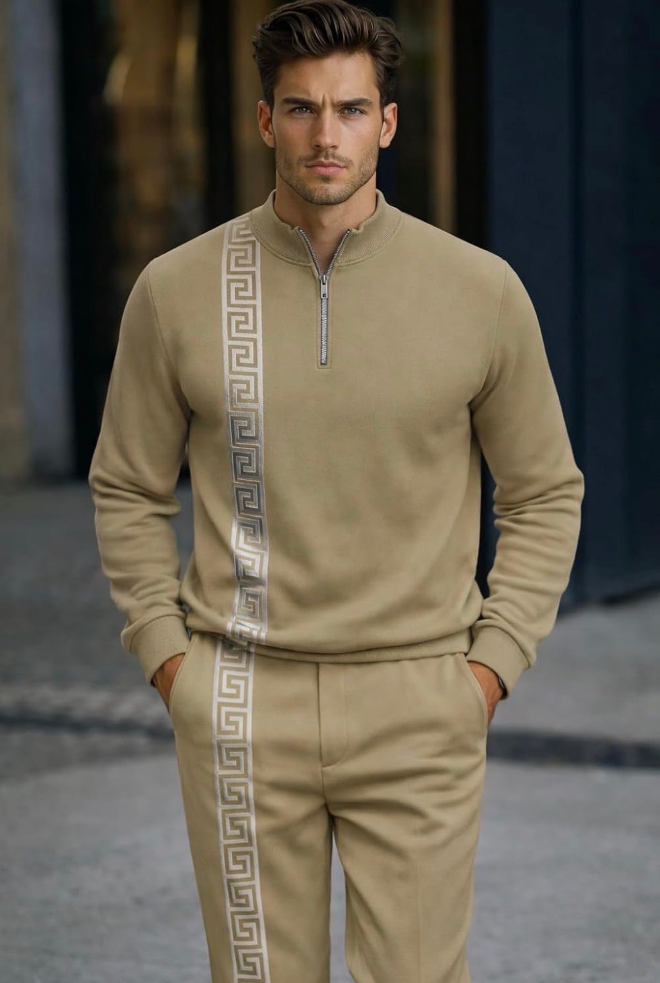 Men's Fashion Casual Zipper Up Collar Long Sleeved 2pc Set-Various Colours
