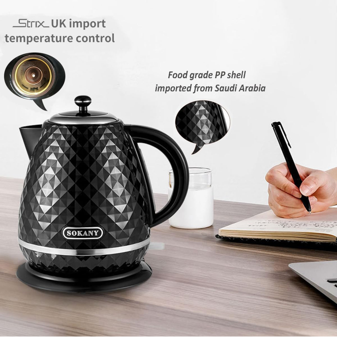 SOKANY SK-1032 Kettle, 2200 W, 1.7 L Teapot, Removable Limescale Filter, Automatic Shut-off, Water Level Indicator, 360°C Base, Black