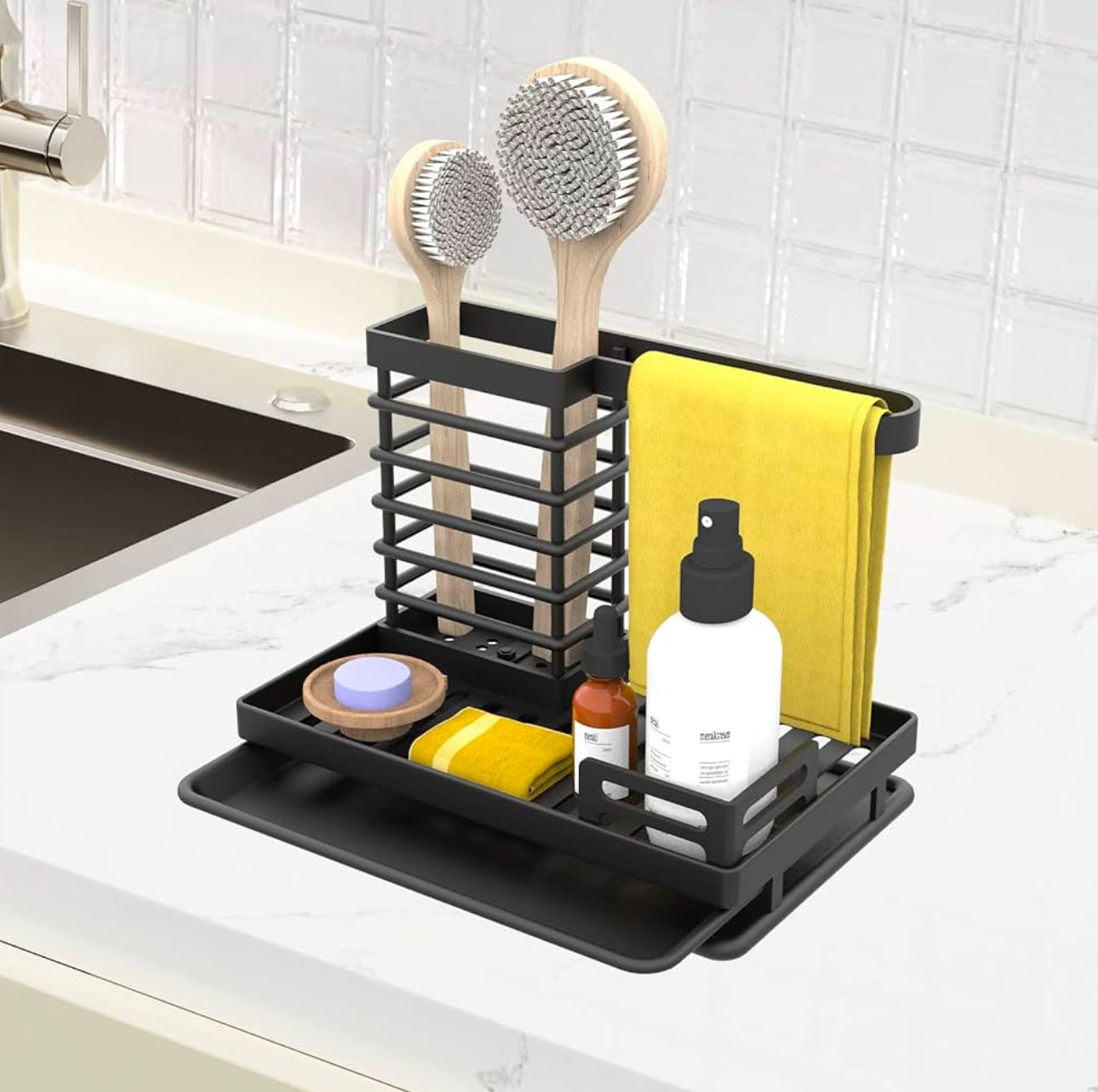 Sink Caddy Organiser,Kitchen Cloth Holder, Stainless Steel Utensils Basket with Drain Pan for Kitchen and Bathroom (Black)