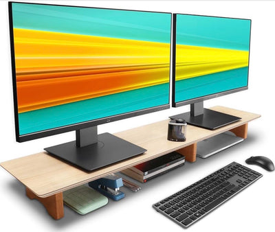 MFURN Dual Monitor Stand Riser, 39 Inch Extra Long Wooden Desktop Monitor Riser with Storage for 2 Monitors Ultra Strong Desk Shelf Organizer Riser Ergonomic for 2 Screens/Laptop/PC/TV/Printer