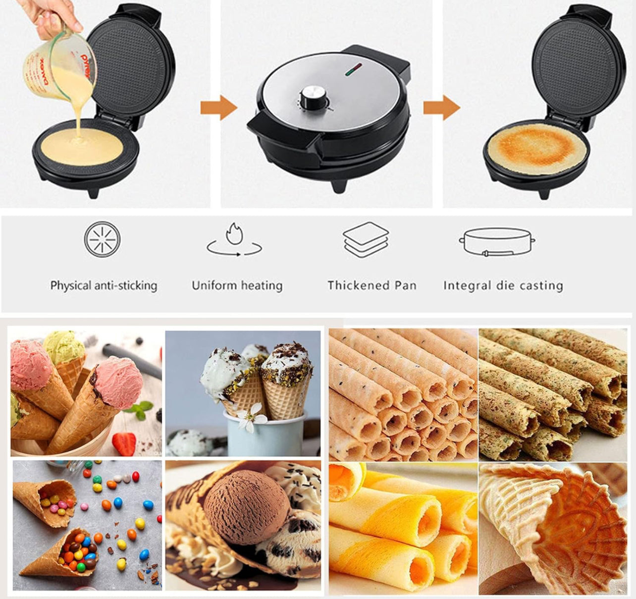 RAF Electric Waffle Cone Maker, Ice Cream Roll Iron Machine, Crispy Crepe Egg Rolls Nonstick Dessert Baking Pan, for Kitchen Cooking