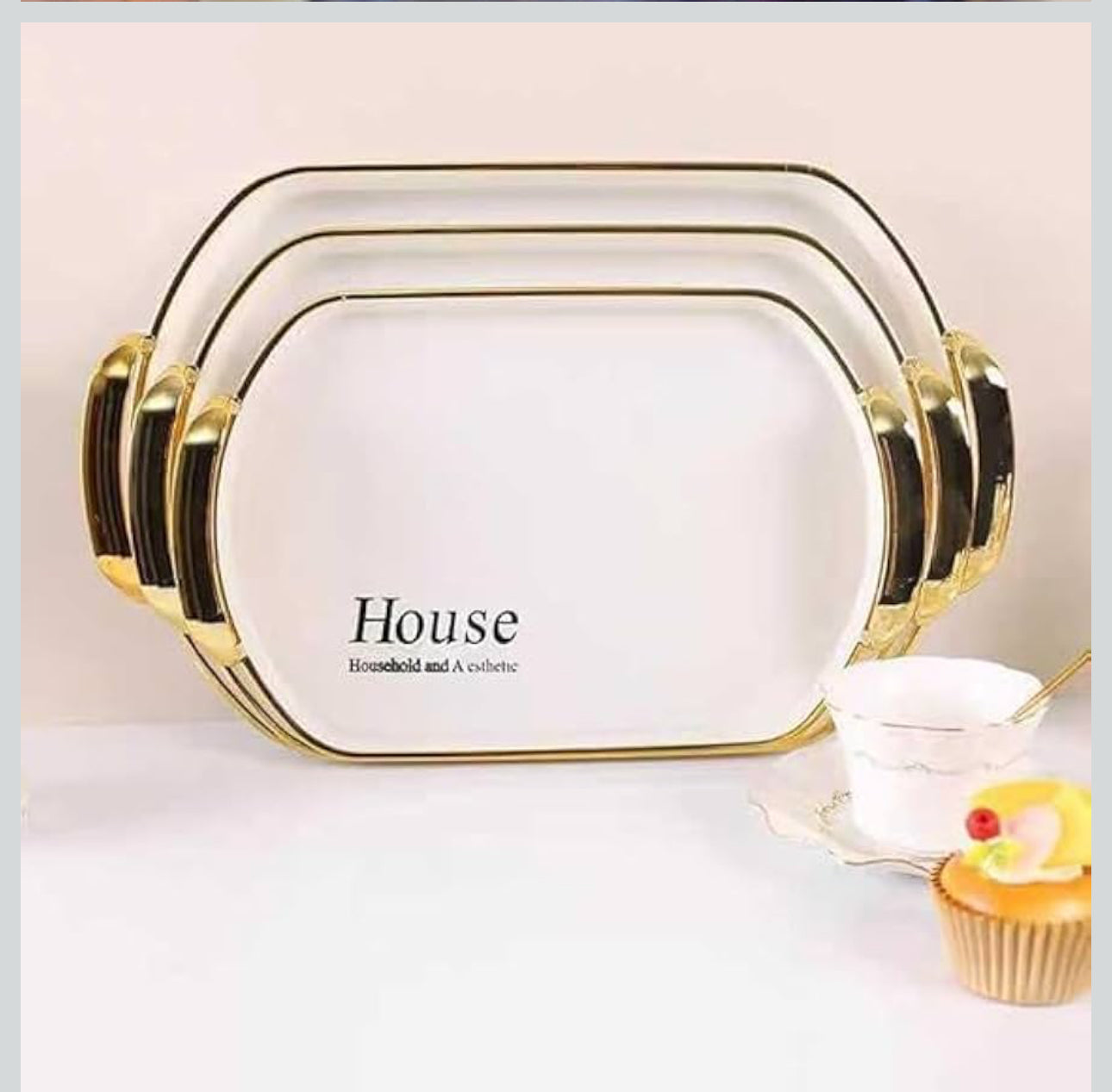 MHome Elegant Rectangular Tray Set 3PC – Melamine with Gold & Silver Trim