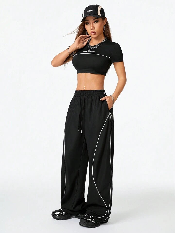 Women's Casual Streetwear T-Shirt And Wide Leg Pants 2pc Set- Various Colours