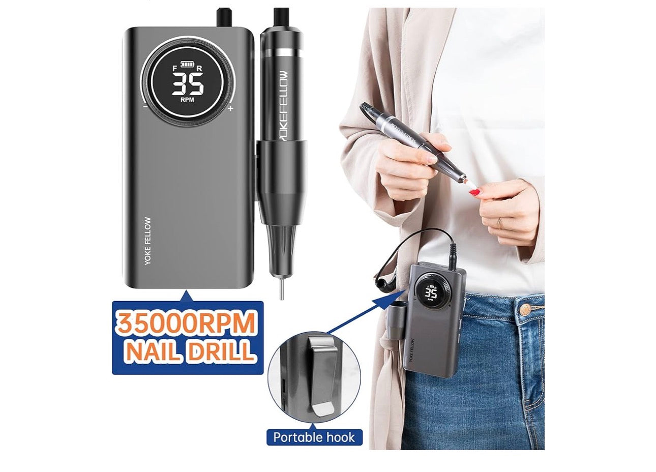 Professional Rechargeable 35000 RPM Nail Drill, Electric Nail Drills Machine for Acrylic Nail Natural Extension Poly Nail Gel, with 6 bits Portable Manicure Pedicure Drill Machine, Grey