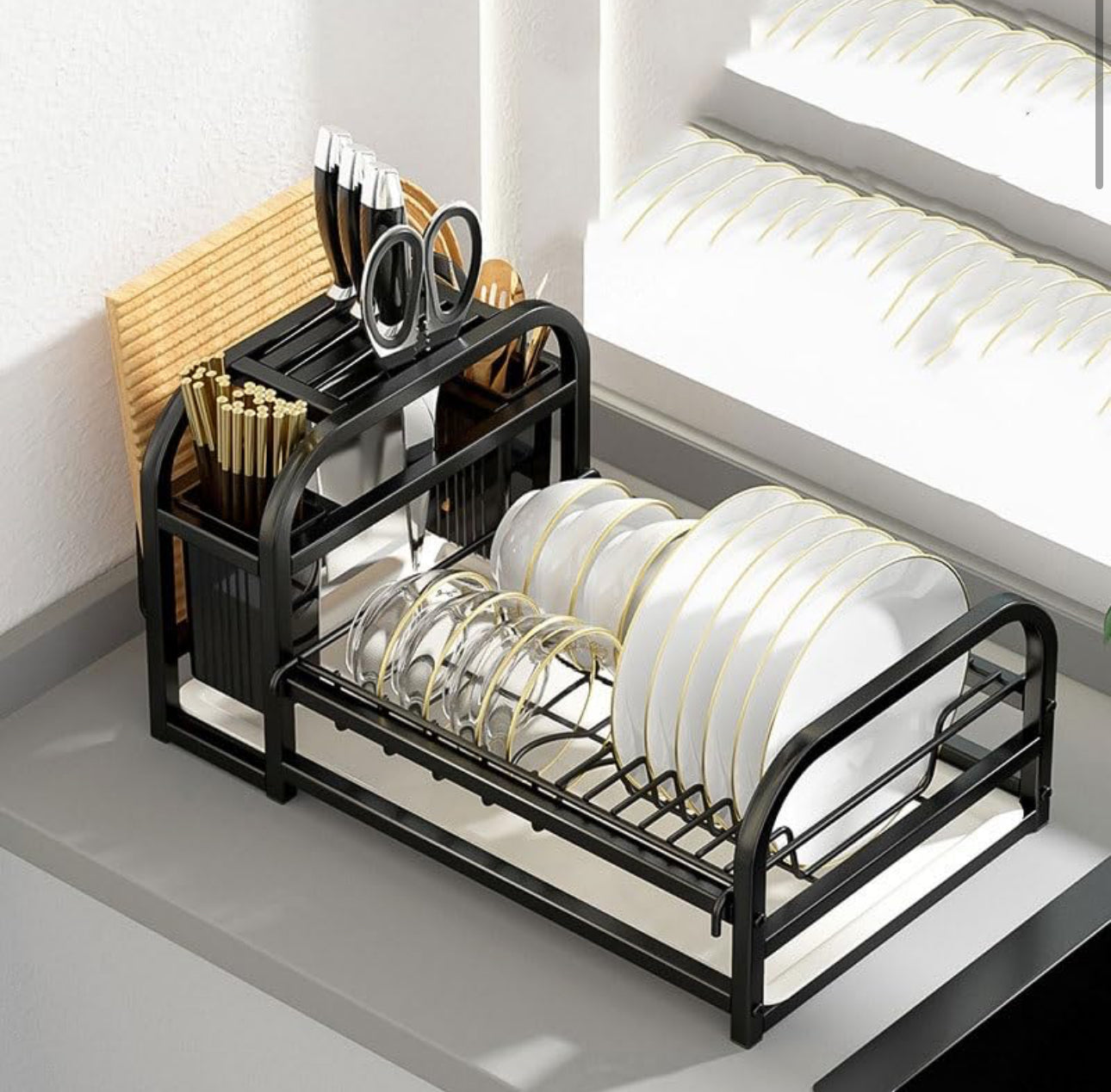 MHome Carbon Steel Kitchen Storage Rack – Multifunctional Dish & Cutting Board Organizer