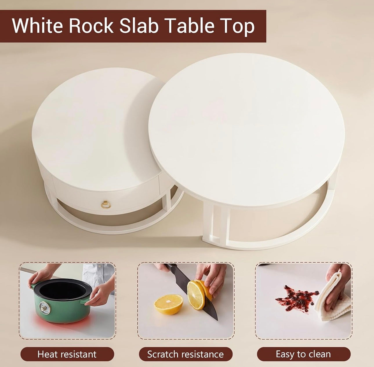 MFURN White Coffee Tables, Nesting Coffee Tables Set of 2, Nest of Table with Storage Drawer, Modern Centre Table with Rock Slab and Metal Frame Legs for Living Room, Office, Apartment