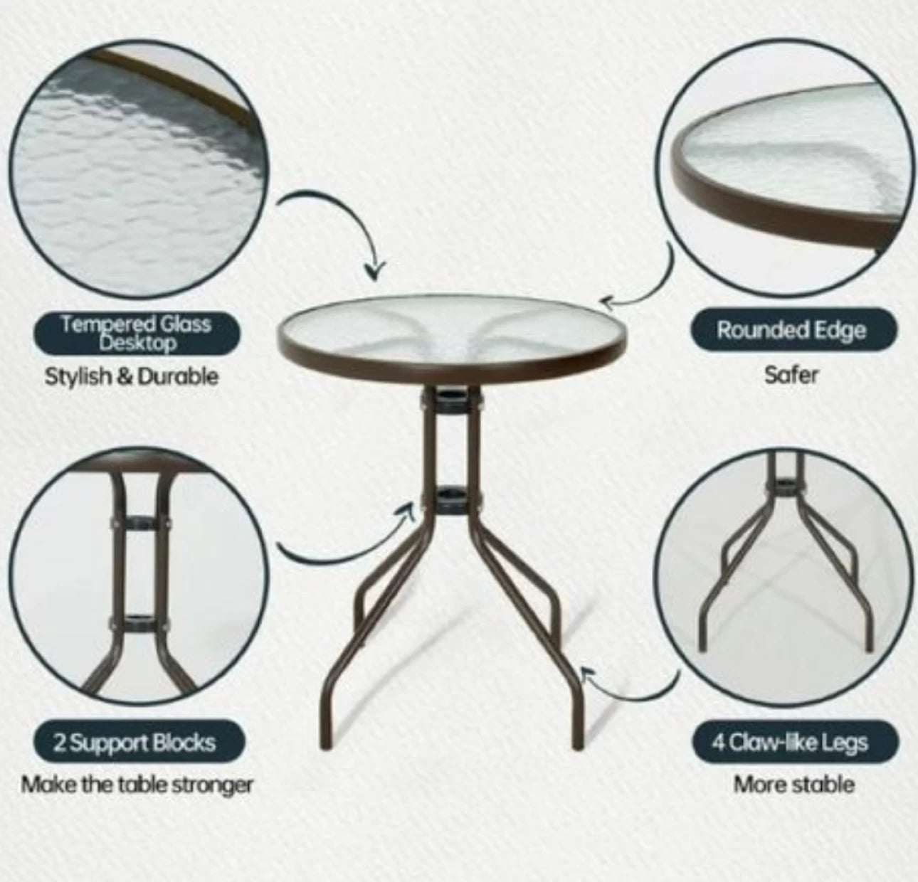MFurn Dwight 3-Piece Outdoor Bistro Patio Set – Metal & Glass Table with 2 Chairs (Black)