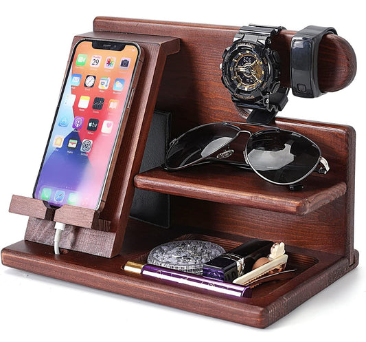 Wood Phone Docking Station Gifts for Men Ash Key Holder Wallet Stand Watch Organizer Husband Anniversary Dad Birthday Nightstand Purse Father Graduation Male Travel Idea Gadgets