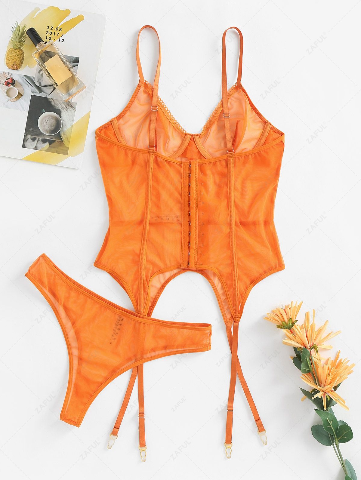 Garter Underwire Corset Style Lingerie Set - Orange Size S-XL