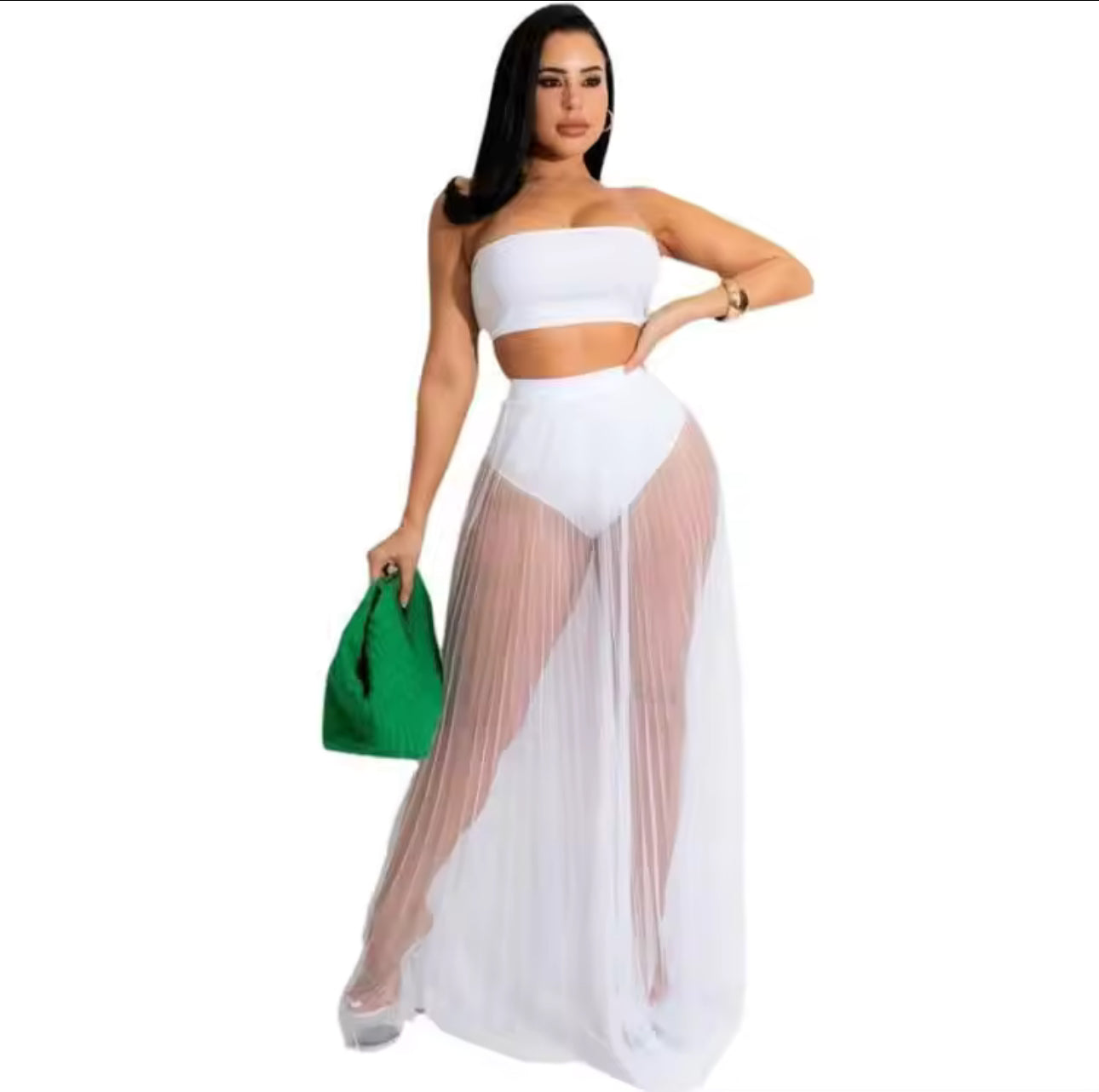 Sexy Solid Color Tube Top See-Through Mesh Long Skirt Summer Vacation Set