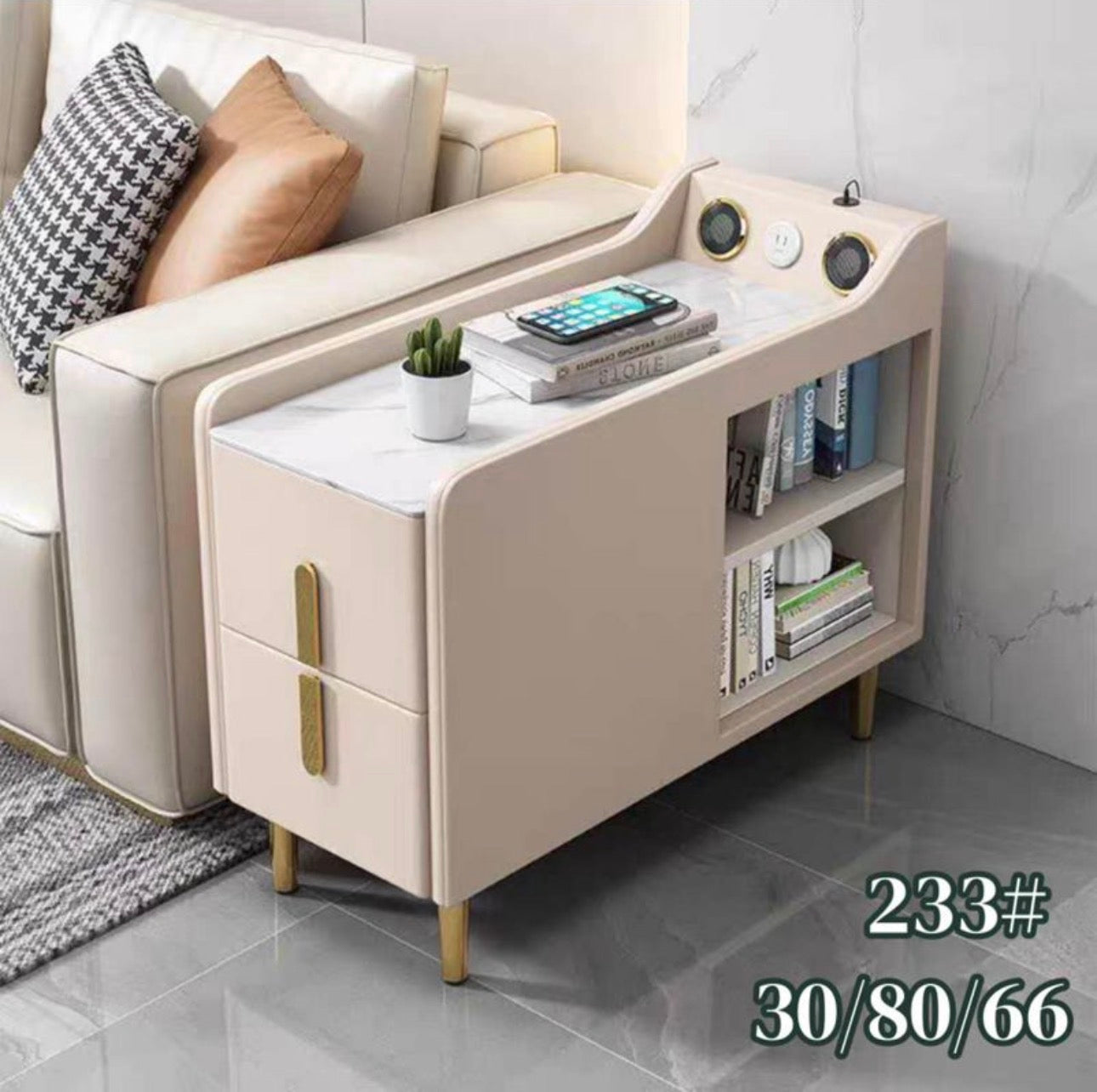 MFurn Modern Multifunctional Narrow Side Table Sintered Stone Top End Table Speaker & USB Port-Various Colours