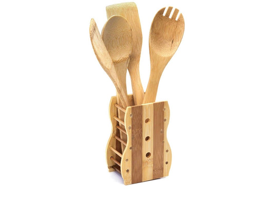 MHome 4 Pieces Pure Bamboo Wooden Solid Turner, Spatula, Slotted Spoon & Spoon Kitchen Essentials Cooking Utensils Tool Set