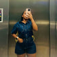 Ladies Collar Short Sleeve Single Breasted Retro Pocketed Denim Jumpsuit