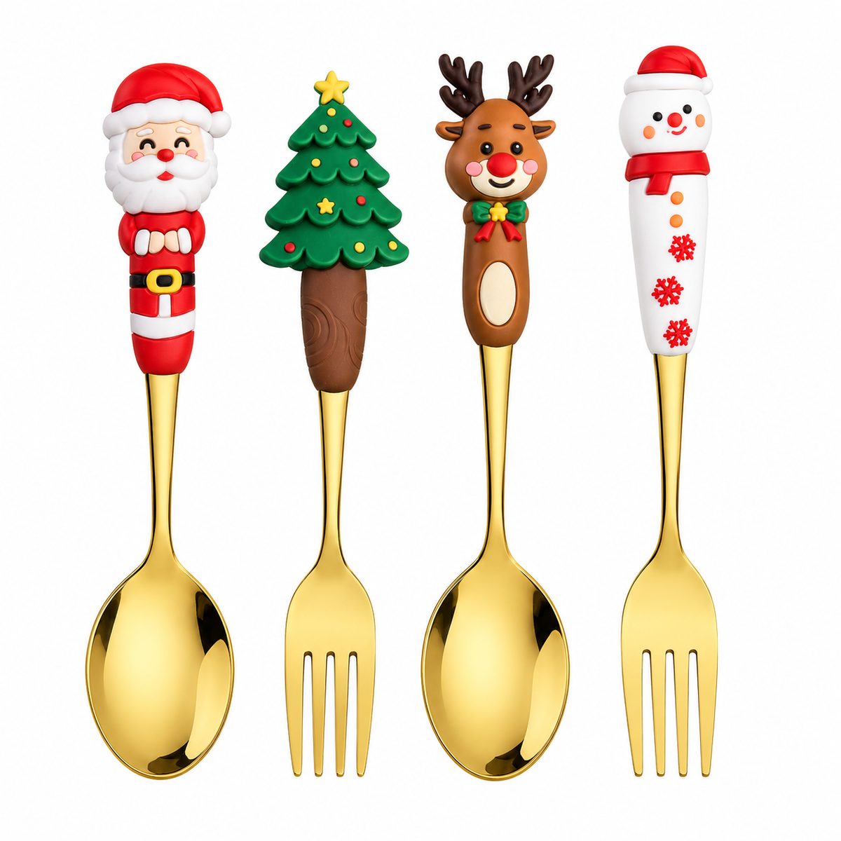 MHome Christmas Spoon and Fork Set, 4-Piece Stainless Steel Cutlery with Festive Figurine Handles