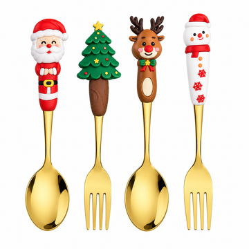 MHome Christmas Spoon and Fork Set, 4-Piece Stainless Steel Cutlery with Festive Figurine Handles