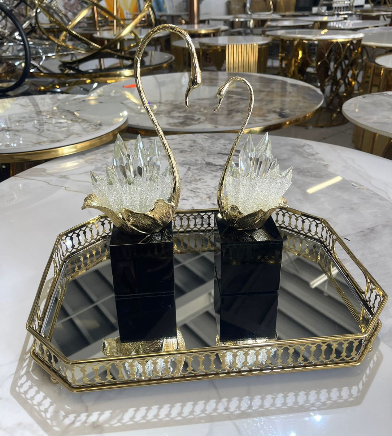MHome
Figurine, Swan,Crystal, Creative Swan Ornament,With Pedestal, Crystal Cluster. 3pc Set