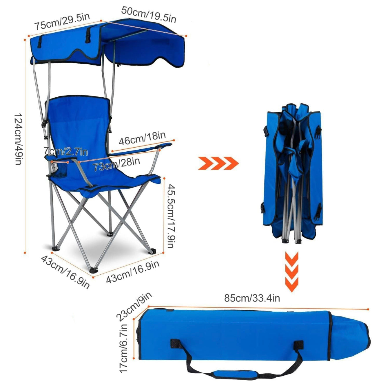 Folding Camping Chair with Shadow Sky, Portable Beach Outdoor Fishing Aluminum with Sun Protection and Carry Bag, Garden Chair for Beach, Pool, Garden, Blue (Color : Blue) XL