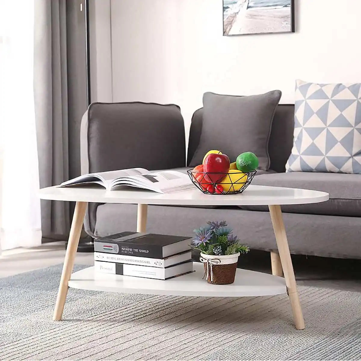 MFurn White Marble Coffee Table – Nordic Double-Layer Wooden Living Room Table
