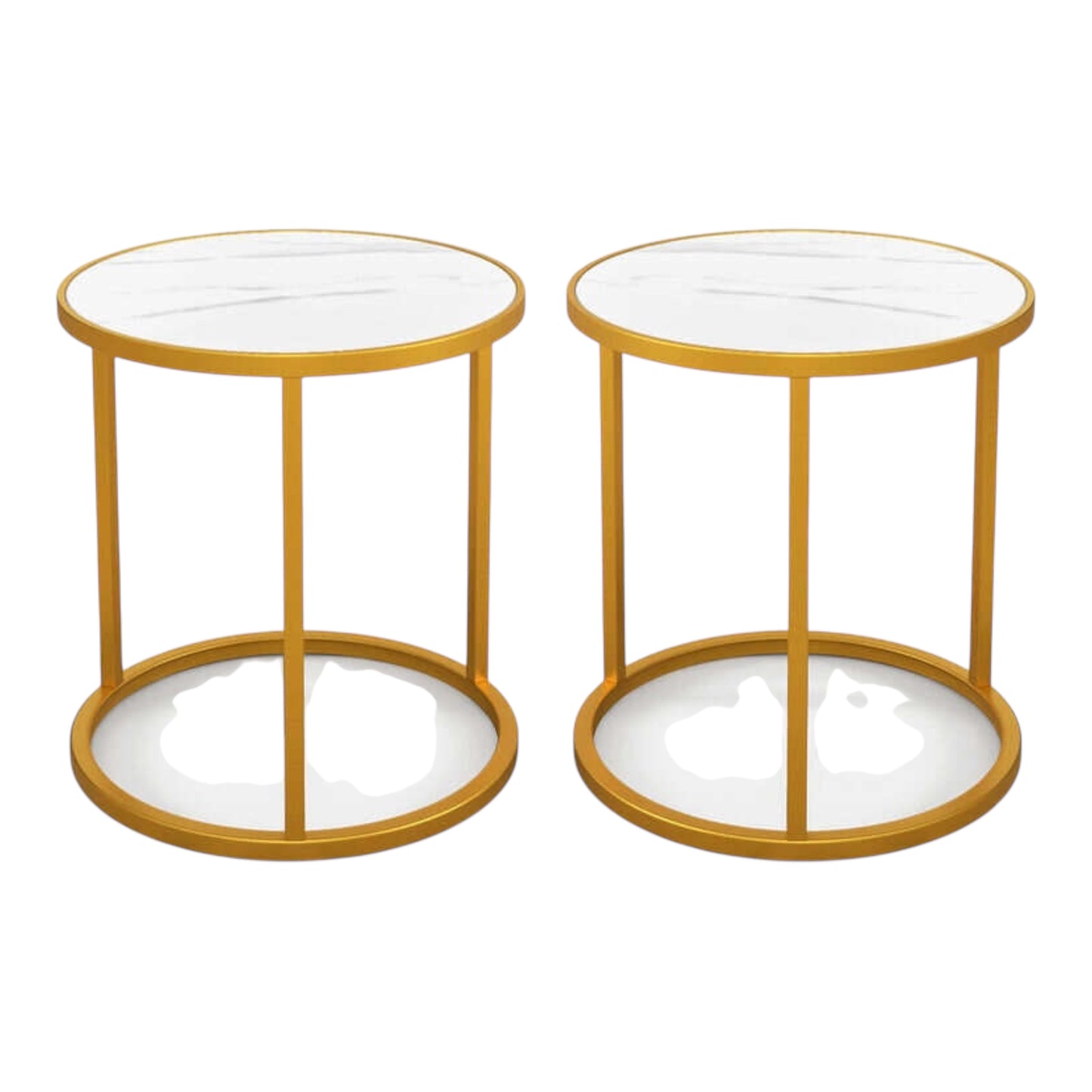 MFurn Marble Top Round Side Table End Table with Golden Metal Frame-Set of 2